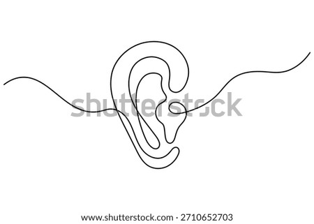 Continuous line drawing of human ear; minimalist hearing abstract concept art