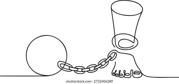 Continuous line drawing of human foot with ball and chain. Concept of restriction and imprisonment. Confinement and captivity. Lack of freedom. Incarceration and punishment. Burden and limitation. Slavery metaphor. Constraint and obstacle. Historical depiction of justice. Struggle for liberation.