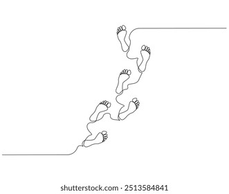 Desenho de linha contínuo da pegada humana. Ilustração de linha única de pé descalço, pegada, passo. Conceito de dia nacional dos pés. Estrutura de tópicos editável
