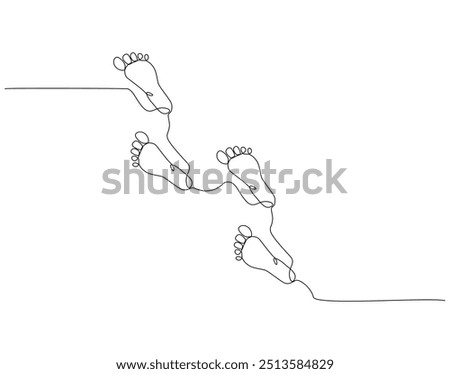 Continuous line drawing of human footprint. Single line illustration of barefoot, footprint, footstep. National foot day concept. Editable outline
