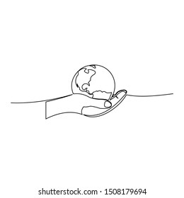 continuous line drawing of human hand holding world planet earth