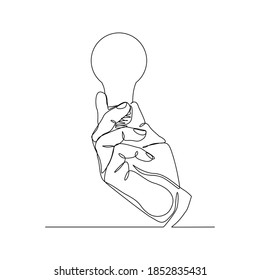 dibujo de línea continua de la mano humana sosteniendo bombilla, concepto de arte de una línea de innovación de ideas inteligentes. Ilustración del vector