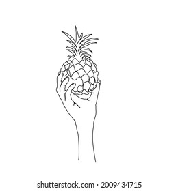 Continuous line drawing of human hand holding pineapple. summer element , poster, wall art concept design with active stroke.