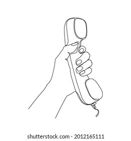 Continuous Line Drawing Of Human Hand Holding Old Telephone. Vintage Telephone  Line Art Illustration With Editable Stroke. 