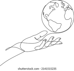 Continuous line drawing of human hand holding world planet earth. Minimal style vector illustration.