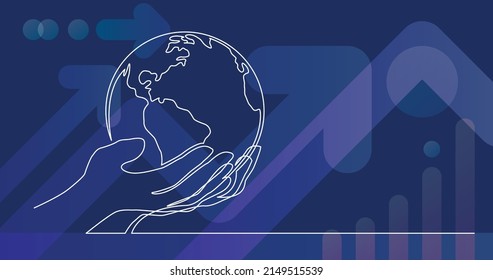 continuous line drawing of human hand holding world planet earth