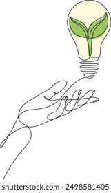 Continuous line drawing of human hand holding light bulb with green plant inside. Environmental friendly sources of energy icon. Vector illustration with editable stroke.