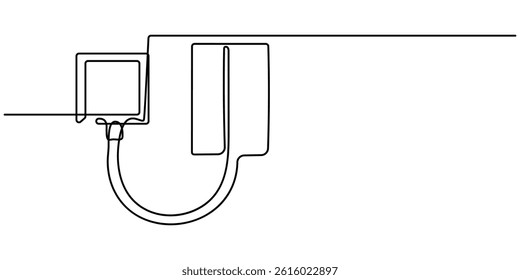 Continuous line drawing Human hand using tonometer to measure check blood pressure and pulse concept, Doctor measures the blood pressure patient. Vector illustration. Isolated on white background.
