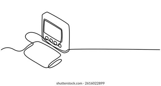 Continuous line drawing Human hand using tonometer to measure check blood pressure and pulse concept, Doctor measures the blood pressure patient. Vector illustration. Isolated on white background.