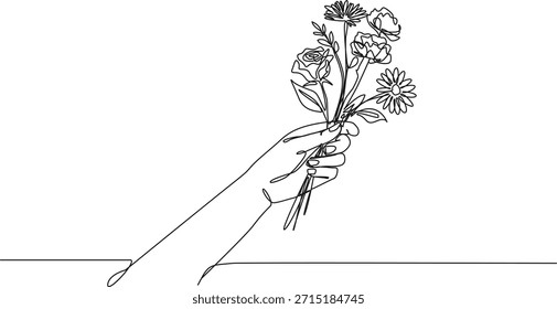 desenho de linha contínua da mão humana segurando um ramo de flores, ilustração vetorial de arte de linha