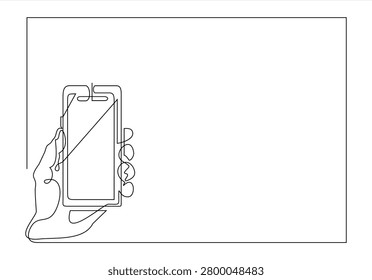 Continuous line drawing of a human hand holding a blank screen smartphone perfect for displaying mobile application concepts.     phone, communication, technology, holding, hand, mobile, smartphone, digital, device, touch, screen, outline, finger, display, contact, contraption, touch screen, interface, cyberspace, concept, media, electronic, smart, app, social, message, portable, blank, call, usage, connect, person, interaction, linear, icon, online, application, business, chat, computer, contour, mobile phone, stroke, style, talk, presentation, partner, job, drawing