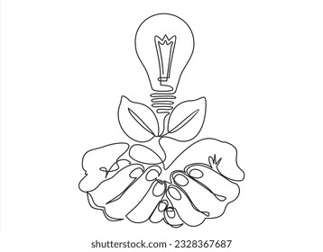 continuous line drawing of human hands holding light bulb, One line art concept of smart idea innovation. Vector illustration