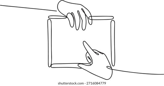 Continuous line drawing of human hands. Single line art of two hands interacting with a digital tablet. Minimalist style illustration of people using a touch screen device. Simple stroke of hands holding and pointing at a modern gadget. One line drawing of user interaction with technology, representing communication and digital work.