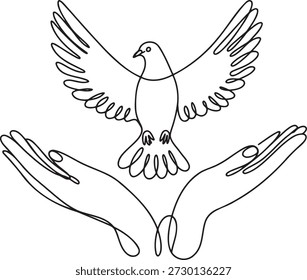 Dibujo de línea continua de manos humanas sosteniendo una paloma de la paz. Símbolo de paz, esperanza y concepto de libertad. Arte de una sola línea de un pájaro en manos ahuecadas, mostrando temas universales de armonía y bienestar espiritual. Diseño minimalista para temas religiosos, humanitarios y pacíficos.