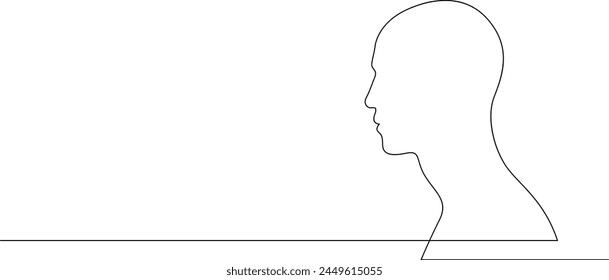 Continuous line drawing of a human head. Contour of male profile drawn by one line. Vector illustration.