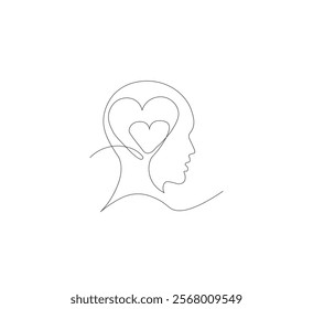 Continuous line drawing of human head with heart. Vector illustration