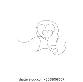 Continuous line drawing of human head with heart. Vector illustration