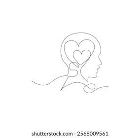 Continuous line drawing of human head with heart. Vector illustration