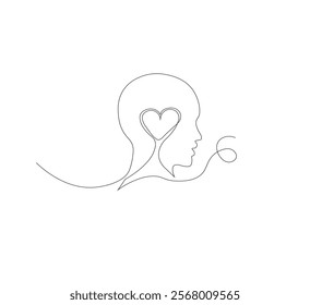 Continuous line drawing of human head with heart. Vector illustration