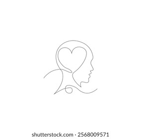 Continuous line drawing of human head with heart. Vector illustration