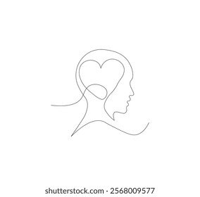 Continuous line drawing of human head with heart. Vector illustration