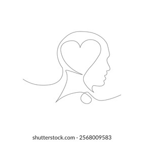 Continuous line drawing of human head with heart. Vector illustration