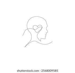 Continuous line drawing of human head with heart. Vector illustration