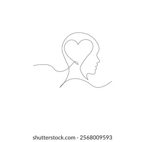Continuous line drawing of human head with heart. Vector illustration
