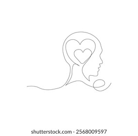 Continuous line drawing of human head with heart. Vector illustration