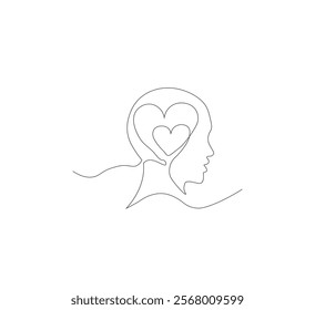 Continuous line drawing of human head with heart. Vector illustration
