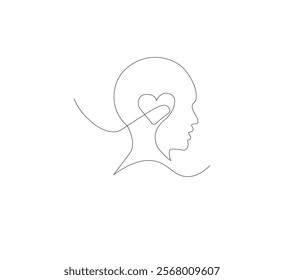 Continuous line drawing of human head with heart. Vector illustration