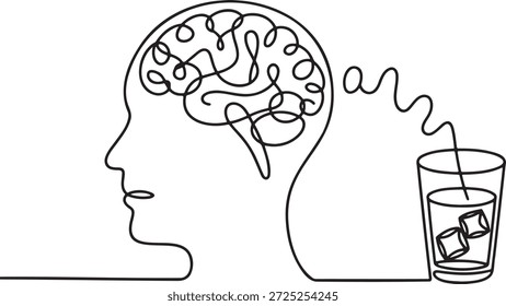 Kontinuierliche Linienzeichnung eines menschlichen Kopfes mit einem sichtbaren Gehirn und einem Glas Wasser. Minimalistische, einzeilige Illustration im Kunststil, die psychische Gesundheit, Feuchtigkeit, Klarheit und Wohlbefinden symbolisiert. Skizze für Gesundheit, Psychologie und Wellness.