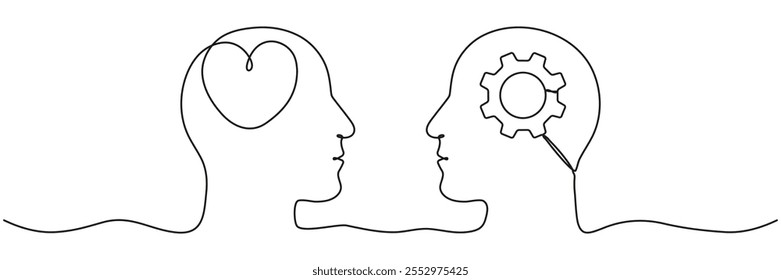 Continuous line drawing of human heads with heart and gear inside. Rational and emotional relationship concept. Vector illustration isolated on white.