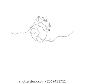 continuous line drawing of human heart organ on white background. Thin line illustration in minimalist style. Heart health concept