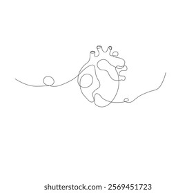 continuous line drawing of human heart organ on white background. Thin line illustration in minimalist style. Heart health concept