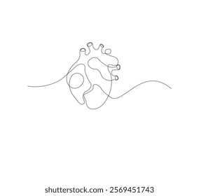 continuous line drawing of human heart organ on white background. Thin line illustration in minimalist style. Heart health concept