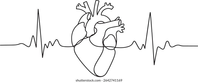 Continuous line drawing of human heart with EKG waveform in minimalist medical diagram style on white background

