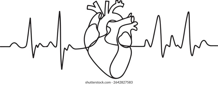  Continuous line drawing of human heart with EKG waveform in minimalist medical diagram style on white background