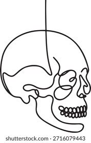Continuous line drawing of human skull. Single one line art illustration of cranium side profile view. Minimalist skeleton head design element. Graphic outline for anatomical and medical concepts. Simple stylized vector illustration on transparent background.