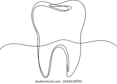 Continuous line drawing of a human tooth with crown, root, and visible cavity detail in minimalist style