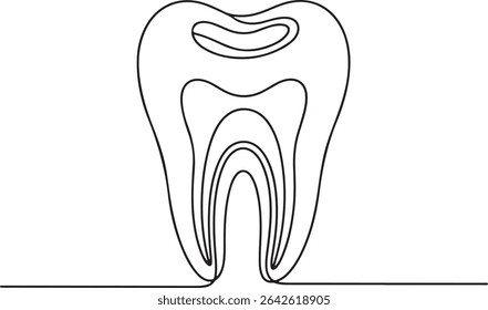 Continuous line drawing of a human tooth with crown, root, and visible cavity detail in minimalist style