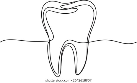 Continuous line drawing of a human tooth with crown, root, and visible cavity detail in minimalist style
