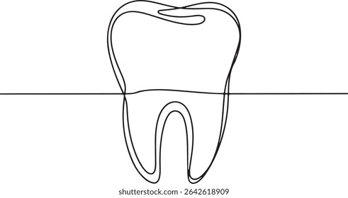 Continuous line drawing of a human tooth with crown, root, and visible cavity detail in minimalist style