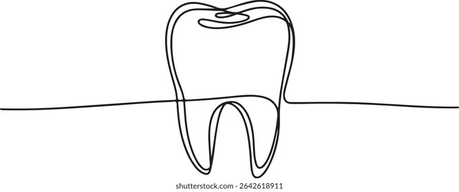 Continuous line drawing of a human tooth with crown, root, and visible cavity detail in minimalist style