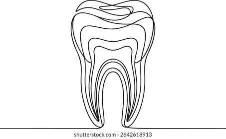 Continuous line drawing of a human tooth with crown, root, and visible cavity detail in minimalist style