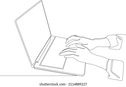 Continuous line drawing of human, work at home use mobile digital tablet computer work isolated on white background. Vector illustration