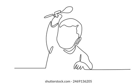 continuous line drawing of hungry toddler.one line drawing of toddler lifting a feeding spoon.line art of healthy toddler .isolated white background