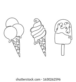 Continuous line drawing. Ice cream. Black isolated on white background.