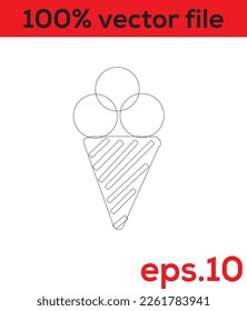 Dibujo continuo de líneas. Helado en una taza de gofre con cereza. Ilustración del vector línea negra sobre fondo blanco