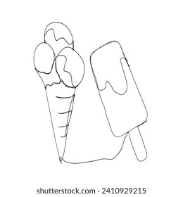 Continuous Line Drawing Ice Cream. Photos, Images, Pictures. Illustration Icon Vector